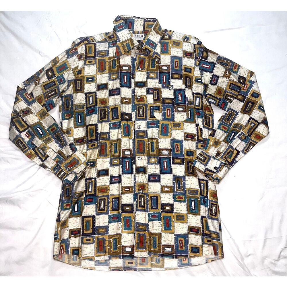 Le Roi Shirt Mens Size 16 Multicolor Geometric Button LS Cotton Vintage England